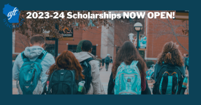 "2023-24 Scholarships NOW OPEN" text overlayed on top of an image of students walking together with backpacks on.